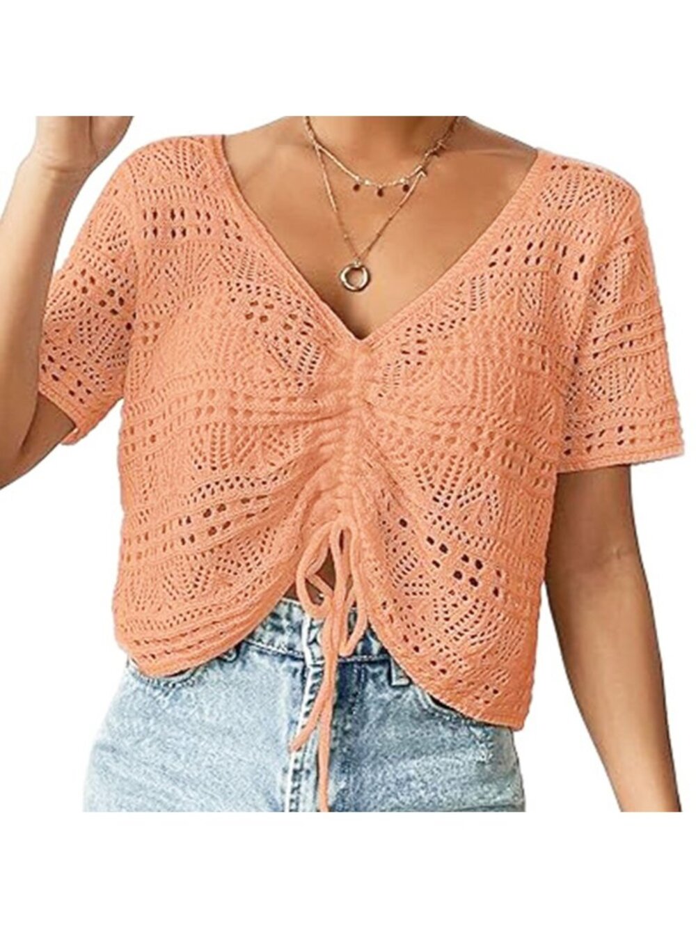 Crochet Swimsuit Coverup Knit Crop Top Coral One Size